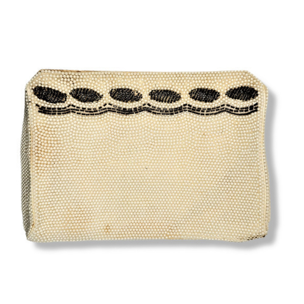 Vintage, Bag by Debbie,  Black White Beaded,‎ Zipper Closure Clutch Handbag